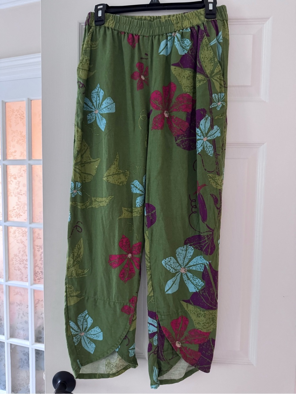 Gudrun Sjöden Green Floral Wide-Leg Pants with Elastic Waist/Small/Pockets